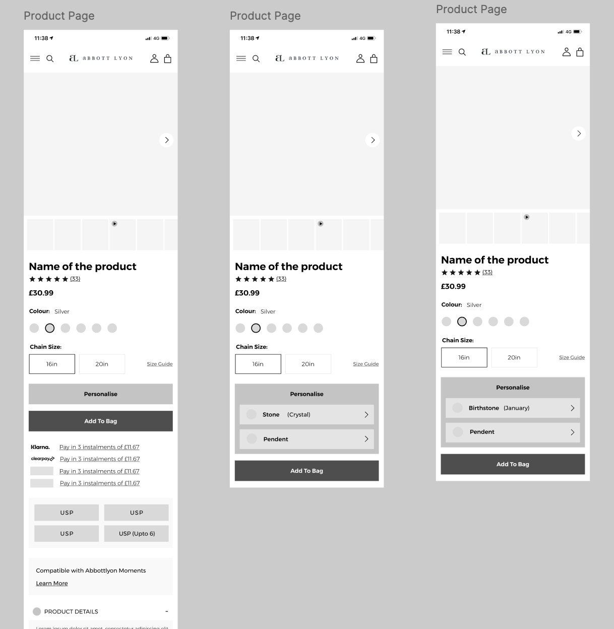 Abbott Lyon — product page wireframes and personalisation UX