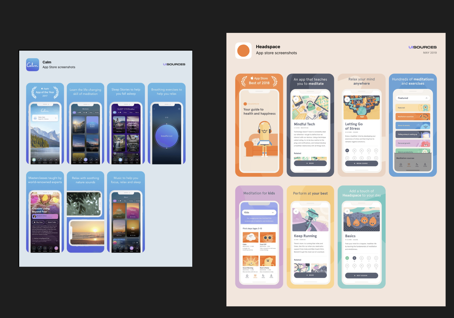 Aruma competitor analysis — Calm and Headspace App Store screenshots and product comparison