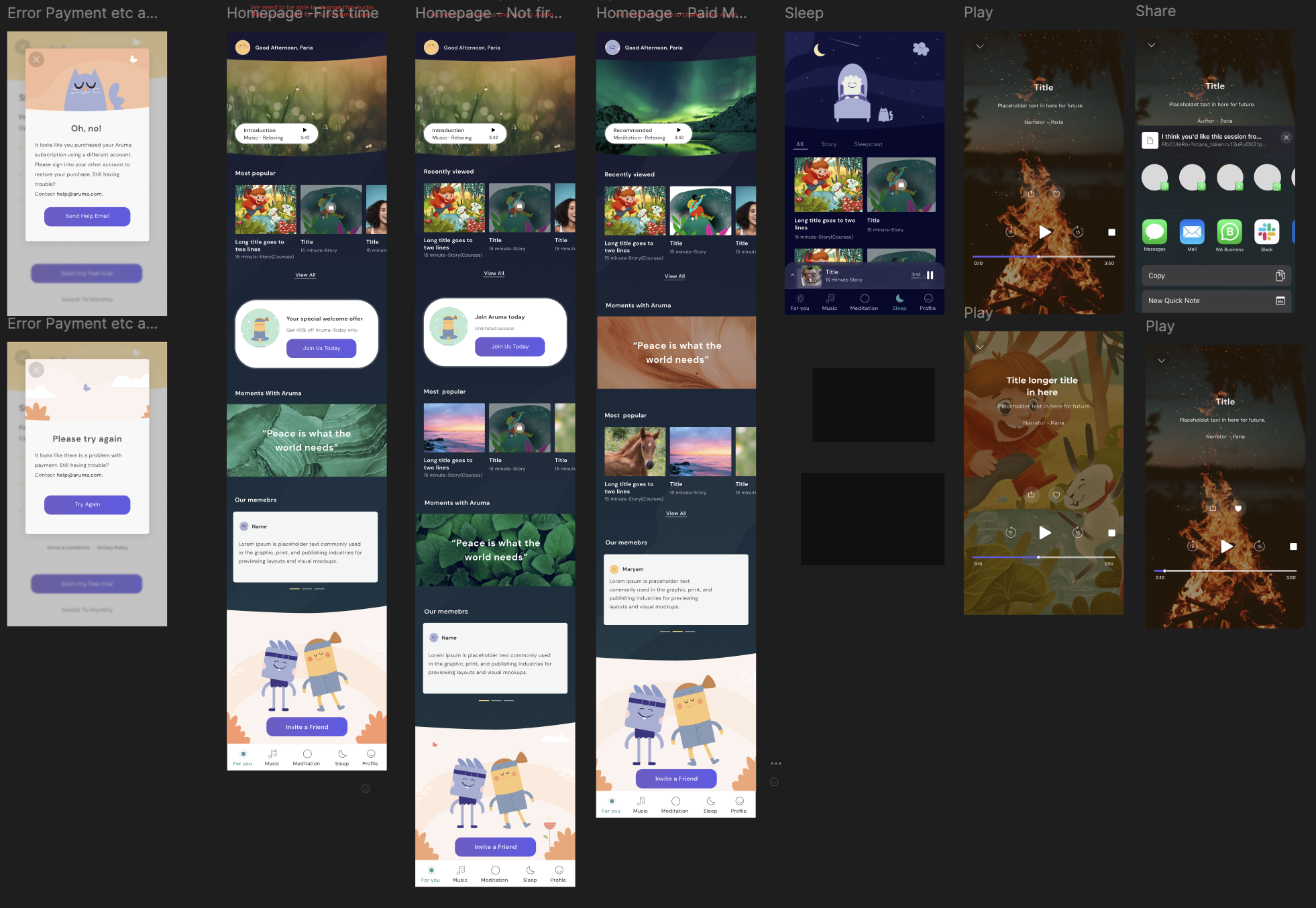 Aruma meditation app — homepage UI design showing personalised recommendations and screen variations