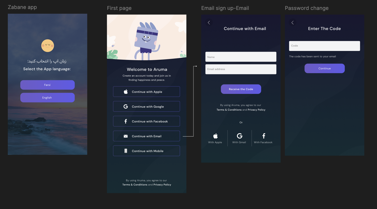 Aruma meditation app — onboarding and authentication user flow including language selection and sign-up screens