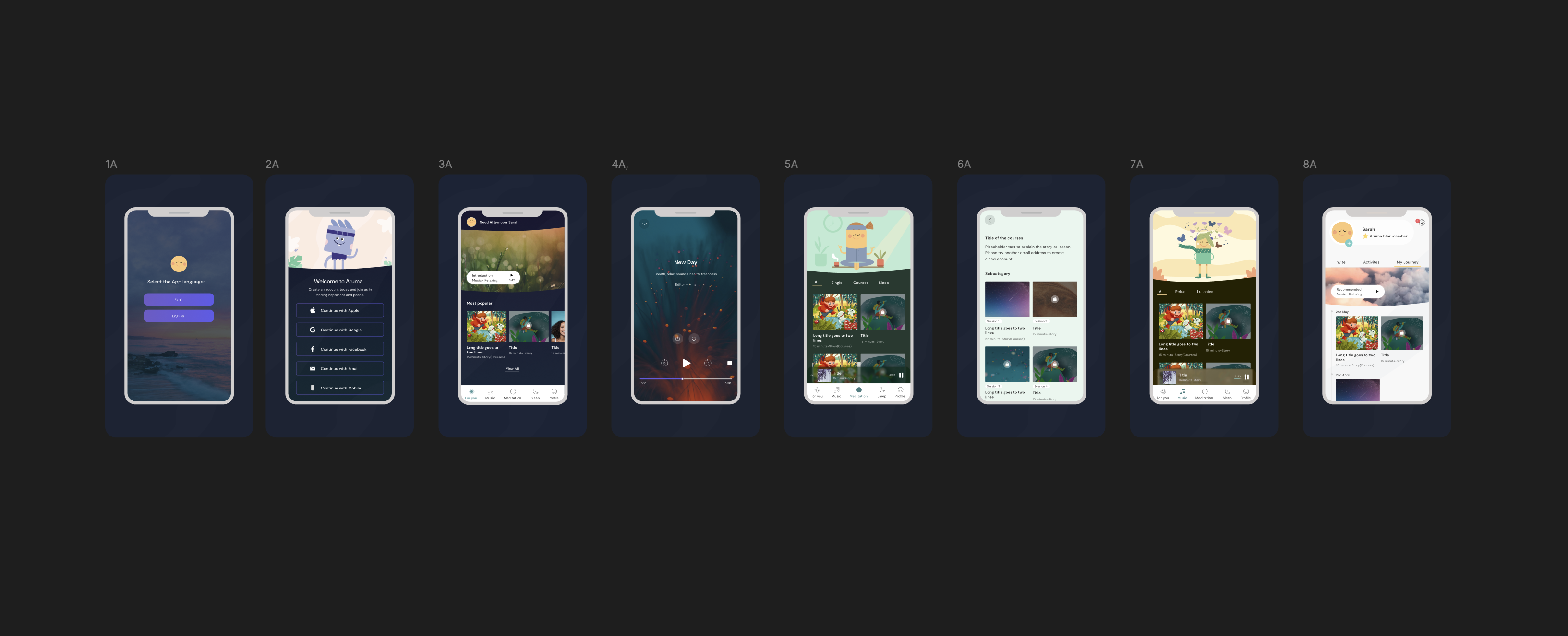 Aruma — subscription wellbeing app UI screens