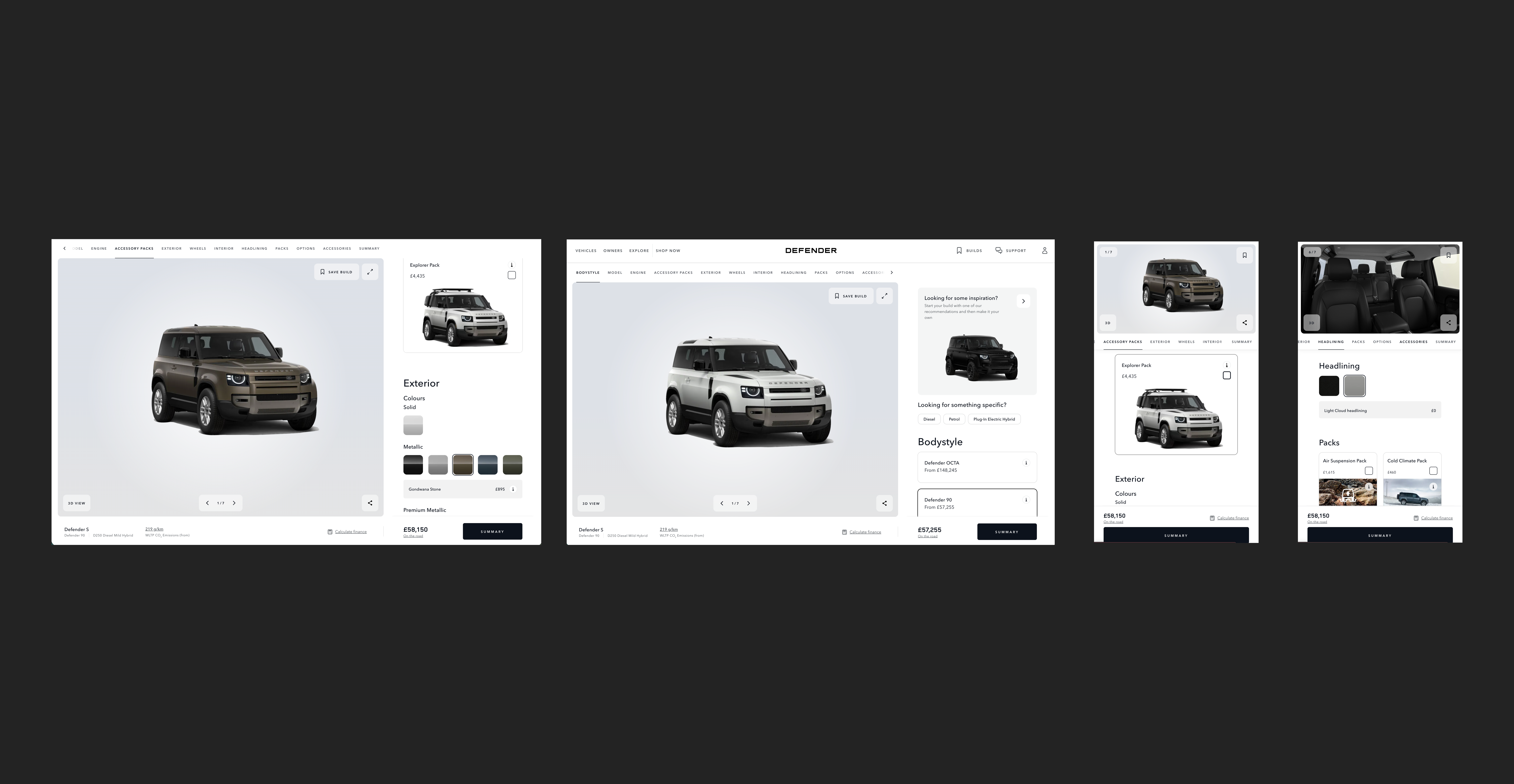 Land Rover Defender configurator — multi-screen UX design overview