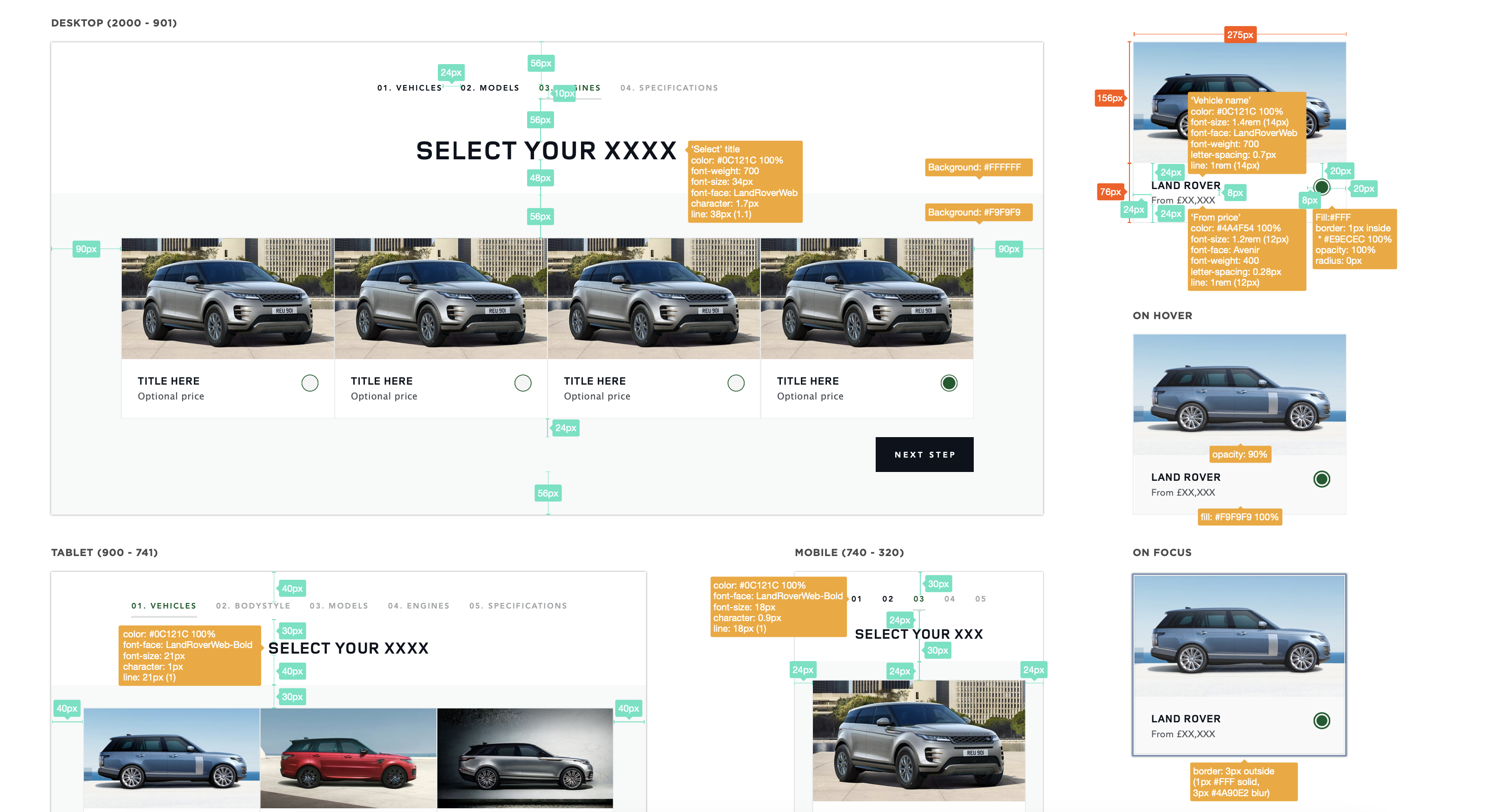JLR configurator wireframes — model selection across desktop, tablet and mobile