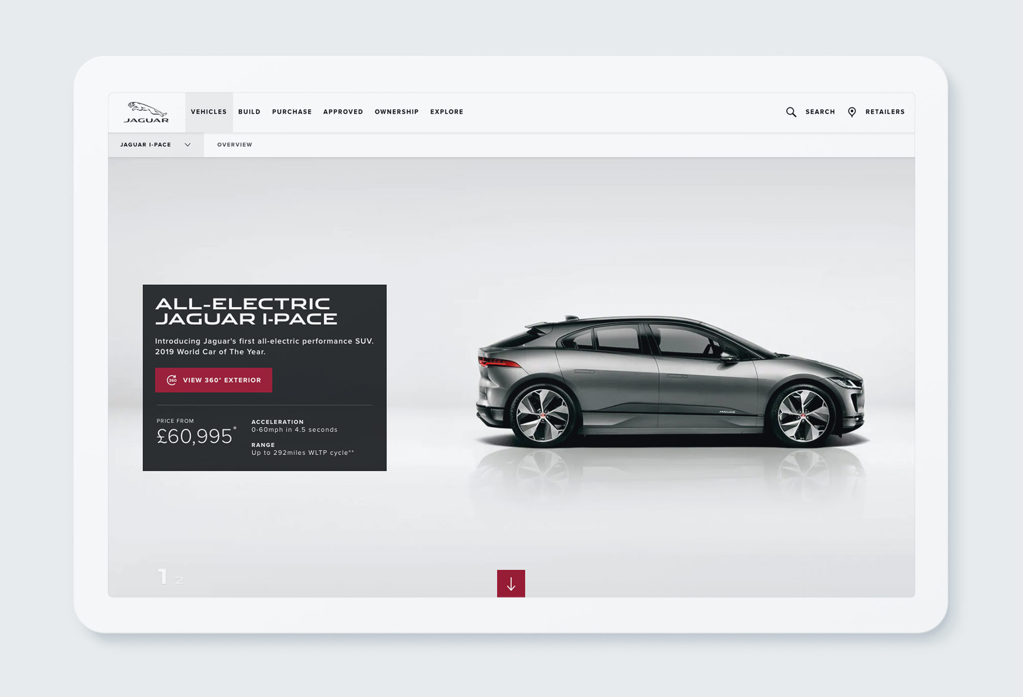 Jaguar I-PACE vehicle page — tablet experience
